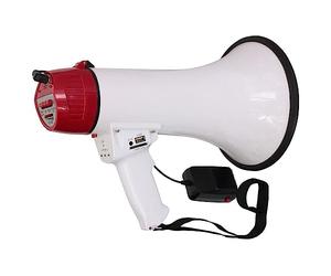 LTC - MEGA35USB - Mégaphone de 35W rechargeable avec micro amovible, sirène, USB, SD, AUX, contrôle MP3, poignée et enregistrement de message - Blanc & rouge