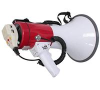 LTC - MEGA50USB - Mégaphone de 50W rechargeable avec micro amovible, sirène, USB, SD, AUX, contrôles MP3, poignée, bandouillère et enregistrement de message - Blanc & rouge