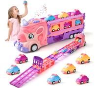LTFIOON Jouet de Camion, Licorne Jeu Fille Cadeau Enfant avec 6 Voitures, Jouet Fille avec Lumières et Musique, Cadeau Camion de Transport à 3 Couches, Cadeau d'anniversaire pour Fille 2 3 4 5 6 Ans