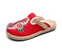 LTHTX Mules chinoises en coton faites à la main pour femme - Espadrilles chinoises brodées - Chaussures plates en toile antidérapante, Rouge, 35 EU