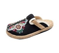 LTHTX Mules chinoises en coton faites à la main pour femme - Espadrilles chinoises brodées - Chaussures plates en toile antidérapante, Noir , 36 EU