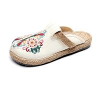 LTHTX Mules chinoises en coton faites à la main pour femme - Espadrilles chinoises brodées - Chaussures plates en toile antidérapante, beige, 36 EU