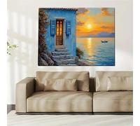 LTjiajuypd Affiche et impressions sur toile représentant un coucher de soleil sur la côte, une maison bleue en bord de mer, un paysage, une décoration murale pour le salon (60x80CM/sans cadre)