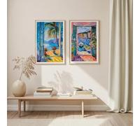 LTjiajuypd Affiche murale sur toile représentant une cuisine méditerranéenne colorée avec balcon et oranger, scène côtière (30 x 45 cm - 2 pièces)