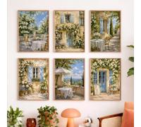 LTjiajuypd Affiche sur toile, art mural, décoration intérieure, fleurs, jardin champêtre français, volets bleus, table et chaises de patio blanches, style moderne (30 x 40 cm - 6 pièces/sans cadre)