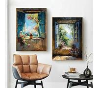 LTjiajuypd Affiches et impressions sur toile représentant un paysage urbain abstrait et coloré avec vue sur la mer, style graffiti, pour la décoration du salon (35 x 50 cm - 2 pièces)