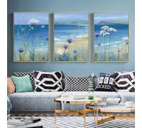 LTjiajuypd Ensemble de 3 affiches sur toile représentant une plage côtière, un océan bleu et des fleurs sauvages, pour la maison ou le salon (30 x 40 cm).