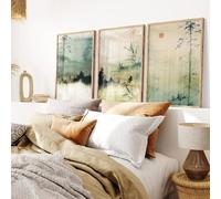 LTjiajuypd Impression sur toile, style japonais, paysage minimaliste de montagne, affiche verte (40 x 55 cm - 3 pièces)