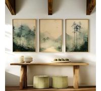 LTjiajuypd Impressions sur toile, peinture, art mural japonais, style rétro moderne du milieu du siècle, paysage à l'encre vert sauge, décoration pour bureau ou maison (50 x 75 cm - 3 pièces)