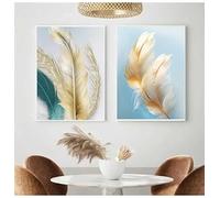 LTjiajuypd Impressions sur toile Peinture nature morte de luxe avec plumes blanches et dorées Art mural nordique pour salon, bureau, décoration intérieure (60x90cm-2 pièces)
