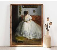 LTjiajuypd Portrait européen vintage d'une femme lisant un livre, impression artistique, femme rétro en belle robe légère, peinture sur toile, décoration d'intérieur (60 x 90 cm)