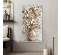 LTjiajuypd Tableau abstrait moderne représentant un vase doré orné de fleurs blanches, décoration murale sur toile pour salon ou chambre (70 x 140 cm)