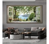 LTjiajuypd Tableau abstrait moderne sur toile représentant une fenêtre sur un jardin, vue ouverte avec verdure et accents floraux, pour salon et chambre (50 x 100 cm)