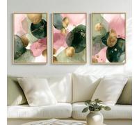 LTjiajuypd Tableau abstrait sur toile rose, vert et or, formes aquarelles, décoration intérieure moderne (35 x 50 cm - 3 pièces)