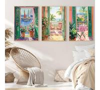 LTjiajuypd Tableau de village La fenêtre ouverte Peinture de Matisse Affiche Jardin de fleurs Océan Paysage coloré Impression Décoration murale (40x55cm-3 pièces)
