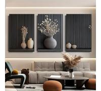 LTjiajuypd Tableau imprimé sur toile, motif à rayures verticales minimaliste moderne, décoration de fleurs séchées, style nordique pour salon (60 x 90 cm - 3 pièces)