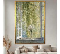 LTjiajuypd Tableau sur toile « Fenêtre ouverte ensoleillée avec vase de fleurs », nature morte paisible pour une décoration de style cottage français ou vintage (70 x 110 cm/sans cadre)