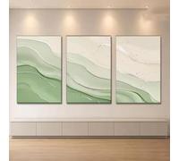 LTjiajuypd Tableau sur toile imprimé représentant des vagues vertes douces et des lignes argentées sur fond clair - Décoration intérieure (50 x 70 cm - 3 pièces)