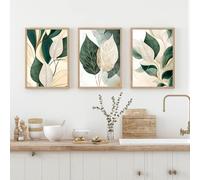 LTjiajuypd Tableau sur toile, motif élégant de feuilles beiges et vertes, décoration murale moderne pour salon, chambre ou bureau (50x70cm-3 pièces)