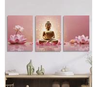 LTjiajuypd Tableau sur toile représentant une statue de Bouddha doré rose, idéal pour le bouddhisme du lotus et le zen, affiche religieuse pour salon, chambre ou bureau (60 x 90 cm - 3 pièces)