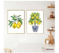 LTjiajuypd Tableau sur toile style bonsaï bleu et blanc, poster citron, décoration cuisine, impression citron, jardinière, décoration bureau (35x50cm-2 pièces)