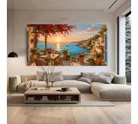 LTjiajuypd Toile imprimée style méditerranéen représentant une terrasse, coucher de soleil sur la côte, décoration avec bougainvilliers pour salon ou maison en bord de mer (60 x 120 cm)