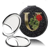LTYKNGH Miroir De Poche 2pcs 2-Side Mirror Folding Magnifying Makeup Pocket Portable Beauty Cosmetic Tool Golden Flower Letter Pattern(Black-U)