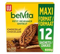 LU BELVITA - 1 Paquet de 12 Sachets de Biscuits Belvita Chocolat et Céréales - 5 Céréales Complètes - Biscuits Petit Déjeuner Gourmands Pratiques à Emporterr - MAXI FORMAT - 600g