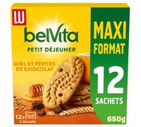 LU BELVITA - 1 Paquet de 12 Sachets de Biscuits Belvita Miel et Pépites de Chocolat - 5 Céréales Complètes - Biscuits Petit Déjeuner Gourmands Pratiques à Emporter - MAXI FORMAT - 650g