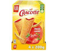 LU CRACOTTE - 4 Boîtes de Cracotte Fraise - Cracotte Croustillante Fourrée à la Fraise - Biscuits Gourmand Petit Déjeuner et Goûter - Fabriqué en France - Lot de 4x200g