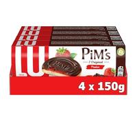 LU PIM'S - 4 Boîtes de Biscuits Pim's à la Fraise - Génoise Gourmande, Cœur Fraise, Coque Chocolat - Format Familial Pratique pour le Goûter - Lot de Biscuits Fruits Chocolat - Lot de 4x150g