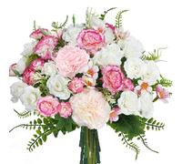 Luabue Bouquet de Fleurs Artificielles Rose Blanche et Oeillets Roses avec Hortensia D'eau et Fougère Faux Fleurs Décoration pour Mariage Saint Valentin Fête des Mères et Décoration D'intérieur