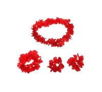 Luau Party Supplies Ruffled Simulated Silk Flower Leis Necklace Bracelets Floral Garland Crown Red 4Set