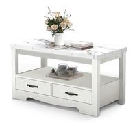 Luban Nese Table basse de 101,6 cm en marbre et chêne blanc à 2 niveaux - Table centrale rectangulaire en bois épais pour salon avec tiroirs de rangement, petit espace, assemblage facile (chêne blanc)