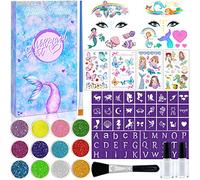 Lubibi Kit de Tatouages Paillettes,Tatouage Temporaire pour Enfants, Avec Tatouage Sirène Papillon,Paillettes 12 Couleurs,Pochoirs Uniques,Excellent Cadeau de Noël Fête d'Anniversaire pour Filles