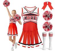 Lubolee Déguisement Pompom Girl Fille avec Haut, Jupe, Bandeau, Pompons et Collants - Déguisement d'Animatrice Enfant pour Carnaval, Halloween, Cosplay et Représentations (130)