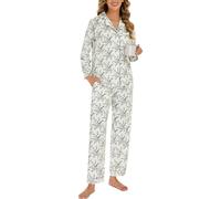 LUBOT Pyjama Femme 100% Coton Hiver Tissé - Ensemble 2 Pièces Manches Longues et Courtes Boutonnage, Anti-Froissé & Respirant, pour Nuit et Détente, Esquisse Rose, S