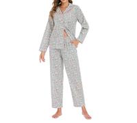 LUBOT Pyjama Femme 100% Coton Hiver Tissé - Ensemble 2 Pièces Manches Longues et Courtes Boutonnage, Anti-Froissé & Respirant, pour Nuit et Détente, Feuille de Saule, XL