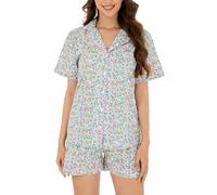 LUBOT Pyjama Femme 100% Coton Tissé - Ensemble 2 Pièces Manches Courtes à Boutonnage, Anti-Froissé & Respirant, pour Nuit et Détente,Saule Vert,L