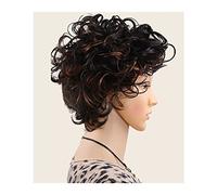 LUCBEI Perruques bouclées pour femme - Perruque courte - Cheveux noirs bouclés - Mélange marron - Perruque afro - Fibre synthétique - Perruque de cosplay - Perruque de carnaval