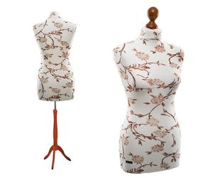LUCCESI | Schneiderpuppe | zum Probierpreis! | Größen S - XL (Female) | Torso Size: M (Medium/36-38) | Wechselbezug Creme-Weiss/Florales Muster (Braun) | Standfuss Calvados | Schaufensterpuppe