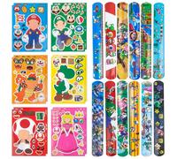 Luchild Lot de 24 petits cadeaux d'anniversaire d'enfant Ma- Rio avec 12 autocollants DIY - 12 bracelets à clip pour cadeau Bros Give Aways - Super anniversaire - Accessoire de fête pour garçons et