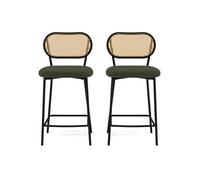 Luciano - lot de 2 tabourets cannage - dossier arrondi - en tissu bouclette - Vert Kaki