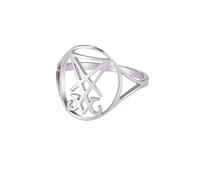 Lucifer Estampillé Bague pour Hommes et Femmes en Acier Inoxydable Gothique Lucifer Eglise Mystérieux Diable Impression Symbole Anneau Satan Amulette Bijoux (Argent, 8)