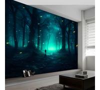 Lucioles De Forêt Turquoise Papier Peint Panoramique 450(L) x 280(H) cm, Papier Peint Intissé Poster Geant Mural Personnalisé Art Fantastique Peinture Murale Tv Pour Salon Chambre Décoration