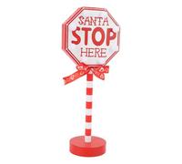 LUCKDANO Panneau de Poteau du Père Noël Stop Here - Décoration de Bureau de Noël en Bois avec Lumière Chaude LED - Cadeau