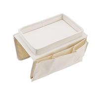 LUCKDANO Plateau de canapé avec Bras Pliable, Support de Rangement, Table en Tissu Oxford 600D, Poches Latérales pour canapé Gris (Blanc crémeux)