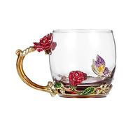 LUCKDANO Tasse à Eau en émail Rose Rouge, 320 Ml, Tasse à thé/café avec Poignée, Livrée avec une Cuillère Délicate et un Chiffon de Nettoyage (320ML)