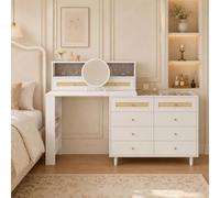 luckdect 3 en 1 Coiffeuse avec Miroir, 10 Tiroirs, Meuble à Bijoux Intégré, Plateau en Verre Trempé, Rangement Coiffeuse avec Étagère Latérale à 3 Niveaux pour Chambre et Dressing, Blanc
