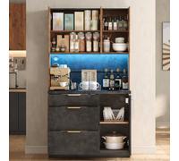 luckdect Buffet Haut Cuisine 4 Portes 3 Tiroirs 180cm, Meuble de Rangement avec Étagères Réglables, LED RGB App Contrôlable, 2 Prises AC 2 USB, Bicolore Bois & Noir, Anti-Basculement, 100x40x180cm